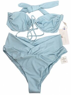 NWT Caroline Constas Bandeau Underwire Halter Bikini Set Ice Blue High Waist L